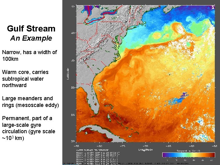 Gulf Stream An Example Narrow, has a width of 100 km Warm core, carries