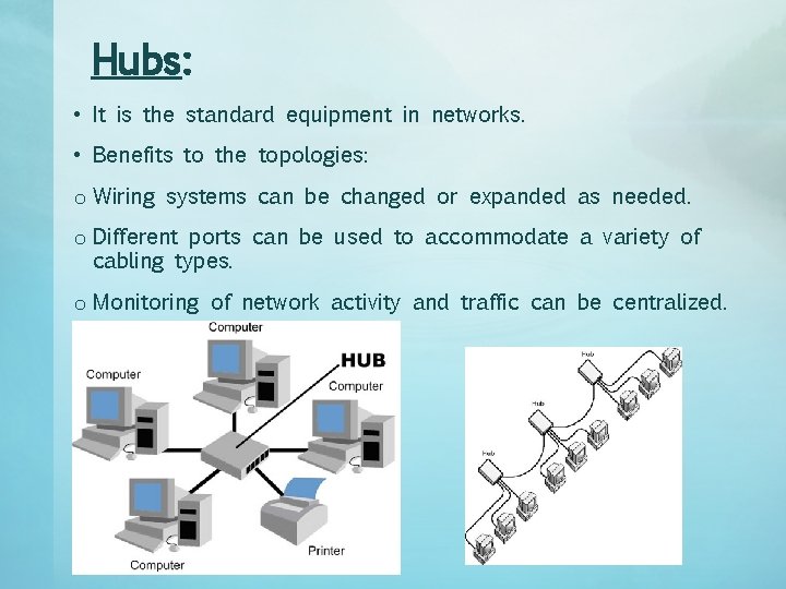 Hubs: • It is the standard equipment in networks. • Benefits to the topologies: