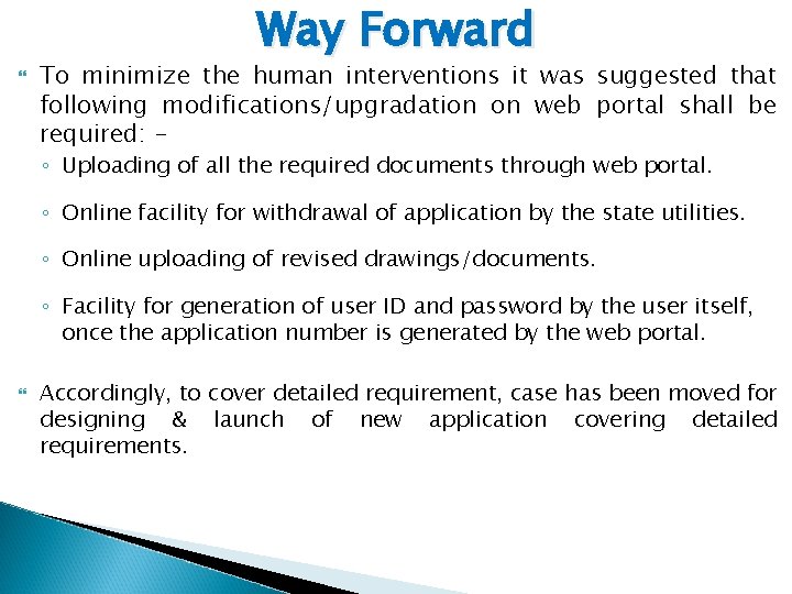 Way Forward To minimize the human interventions it was suggested that following modifications/upgradation on