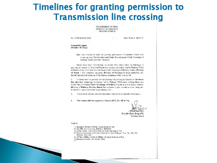 Timelines for granting permission to Transmission line crossing 