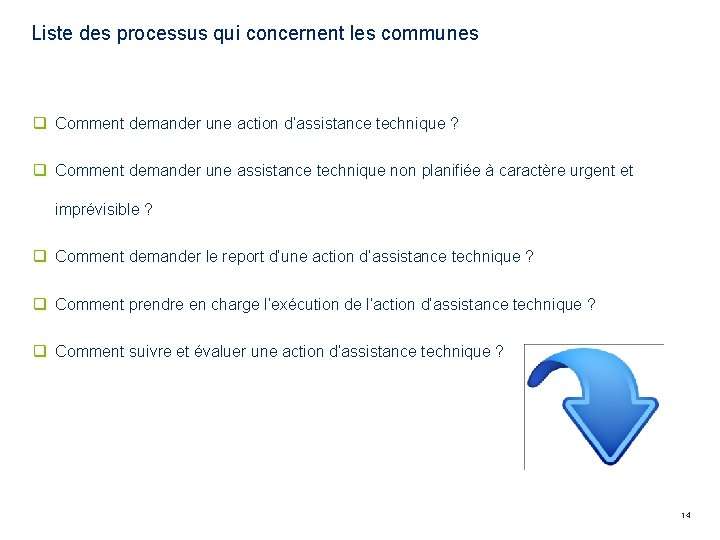 Liste des processus qui concernent les communes q Comment demander une action d’assistance technique