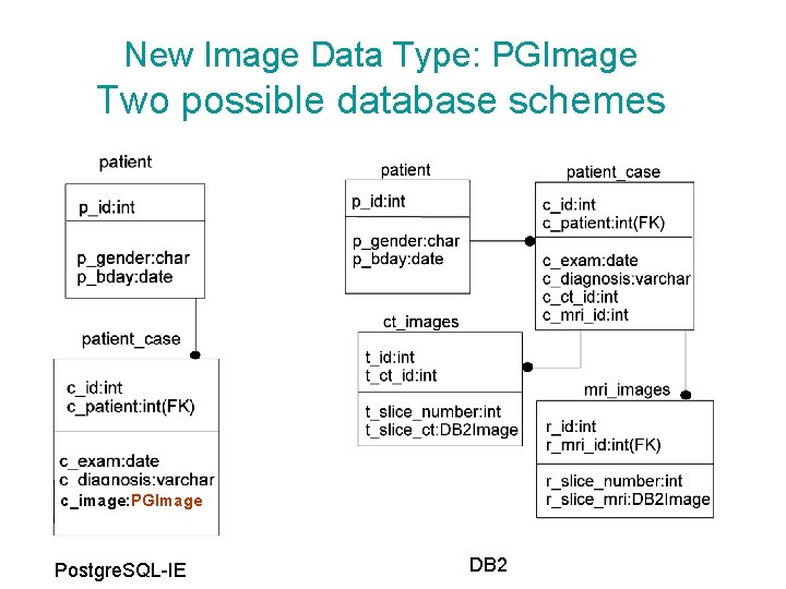 New Image Data Type: PGImage Two possible database schemes c_image: PGImage Postgre. SQL-IE DB