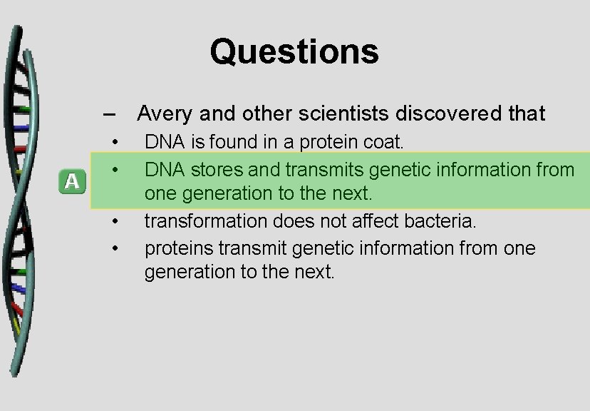 Questions – Avery and other scientists discovered that • • DNA is found in