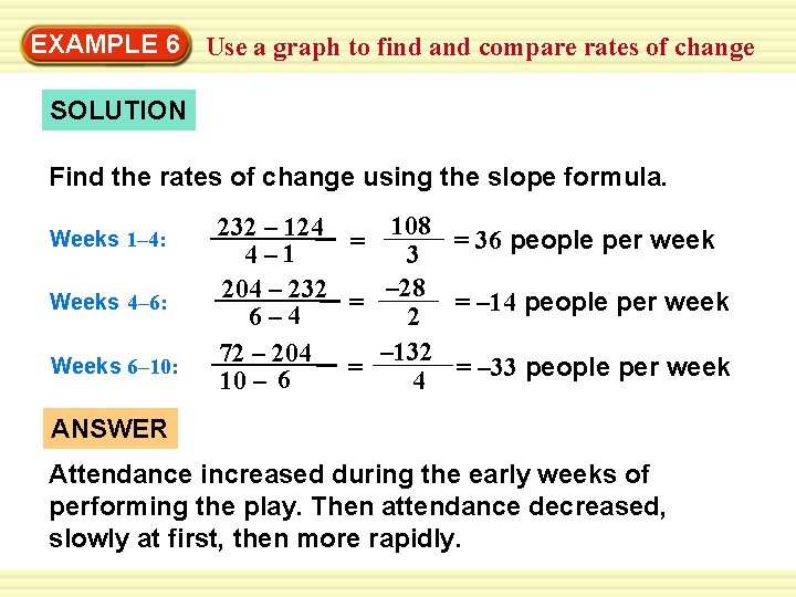EXAMPLE 6 Use a graph to find and compare rates of change SOLUTION Find