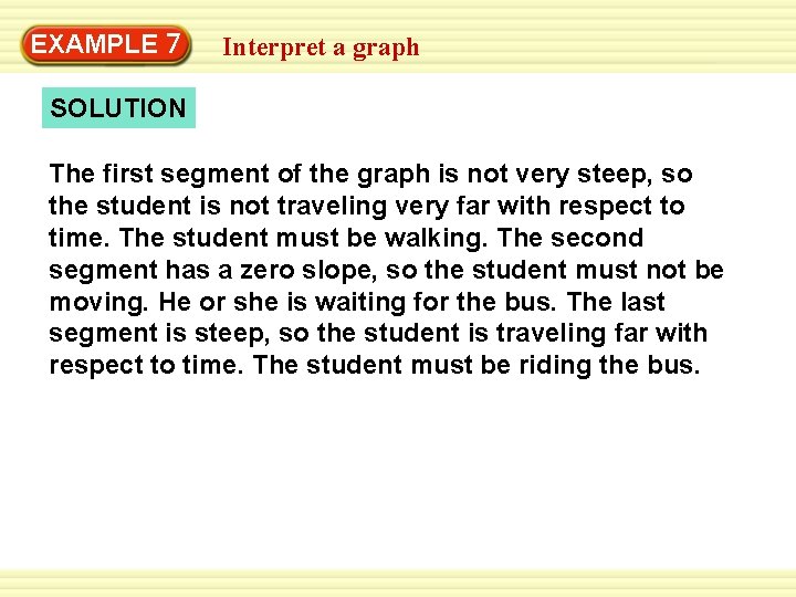EXAMPLE 7 Interpret a graph SOLUTION The first segment of the graph is not