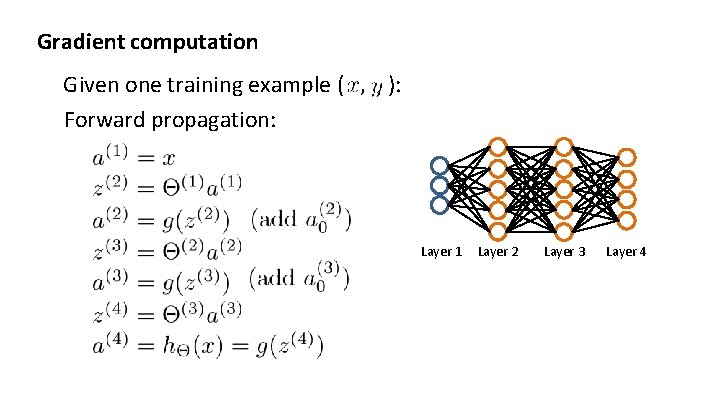 Gradient computation Given one training example ( , ): Forward propagation: Layer 1 Layer