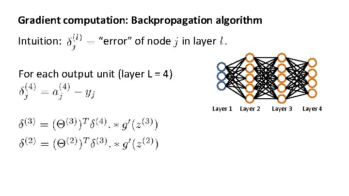 Gradient computation: Backpropagation algorithm Intuition: “error” of node in layer. For each output unit