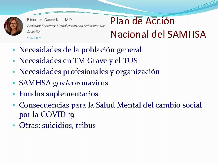 Plan de Acción Nacional del SAMHSA Necesidades de la población general Necesidades en TM