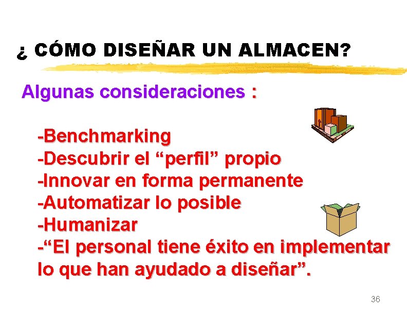 ¿ CÓMO DISEÑAR UN ALMACEN? Algunas consideraciones : -Benchmarking -Descubrir el “perfil” propio -Innovar