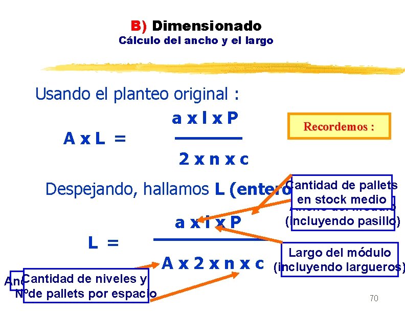 B) Dimensionado Cálculo del ancho y el largo Usando el planteo original : axlx.