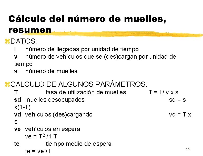 Cálculo del número de muelles, resumen z. DATOS: l número de llegadas por unidad