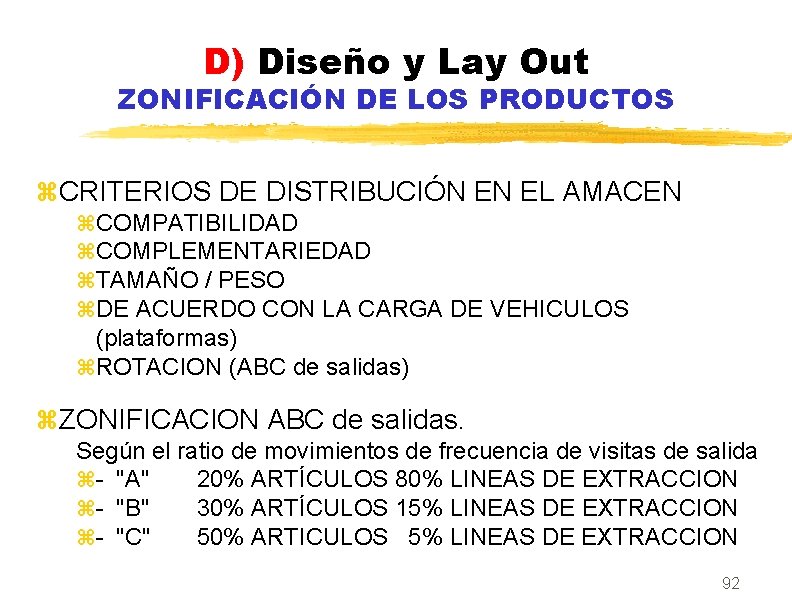 D) Diseño y Lay Out ZONIFICACIÓN DE LOS PRODUCTOS z. CRITERIOS DE DISTRIBUCIÓN EN