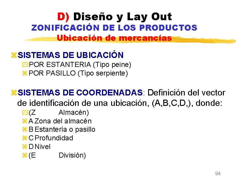 D) Diseño y Lay Out ZONIFICACIÓN DE LOS PRODUCTOS Ubicación de mercancías z. SISTEMAS