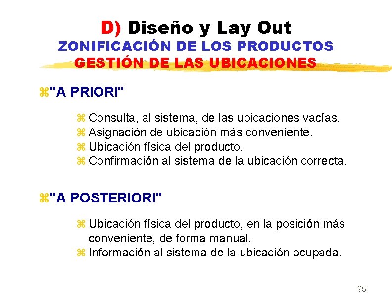 D) Diseño y Lay Out ZONIFICACIÓN DE LOS PRODUCTOS GESTIÓN DE LAS UBICACIONES z"A