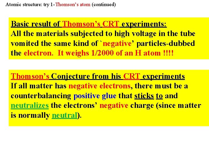 Atomic structure: try 1 -Thomson’s atom (continued) Basic result of Thomson’s CRT experiments: All