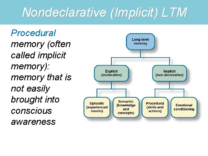 Nondeclarative (Implicit) LTM Procedural memory (often called implicit memory): memory that is not easily