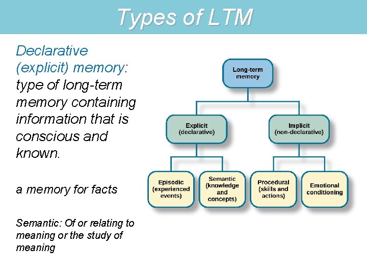 Types of LTM Declarative (explicit) memory: type of long-term memory containing information that is