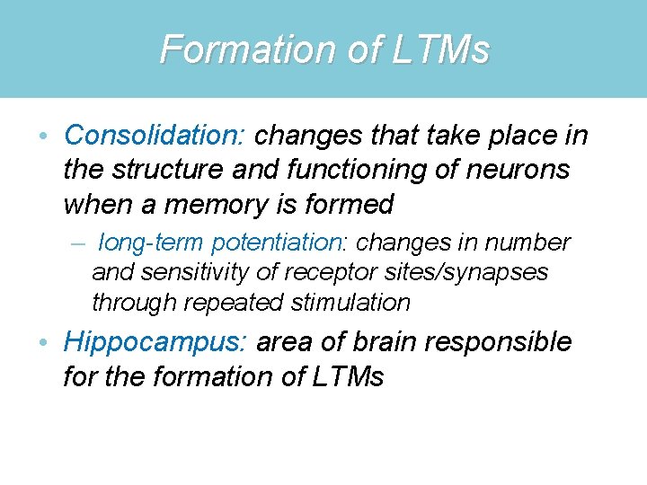 Formation of LTMs • Consolidation: changes that take place in the structure and functioning