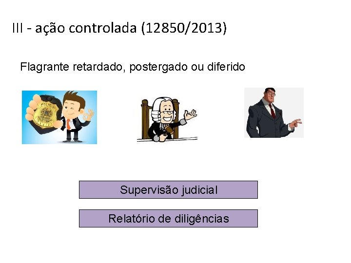 III - ação controlada (12850/2013) Flagrante retardado, postergado ou diferido Supervisão judicial Relatório de