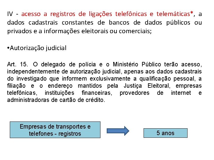 IV - acesso a registros de ligações telefônicas e telemáticas*, a dados cadastrais constantes IV - acesso a registros de ligações telefônicas e telemáticas*, a dados cadastrais constantes