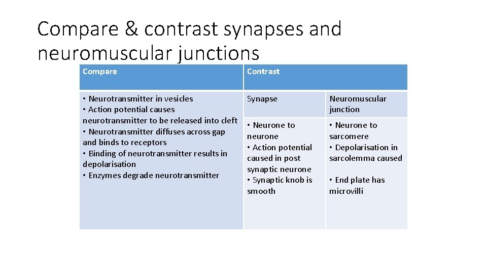 Compare & contrast synapses and neuromuscular junctions Compare Contrast • Neurotransmitter in vesicles •