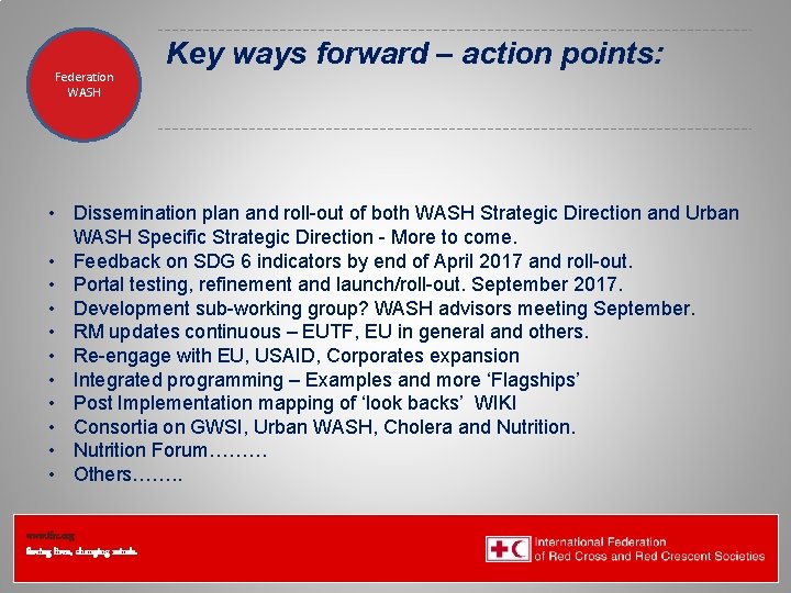 Federation Health WASH Wat. San/EH Key ways forward – action points: • Dissemination plan