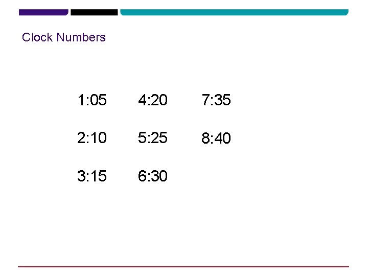 Clock Numbers 1: 05 4: 20 7: 35 2: 10 5: 25 8: 40