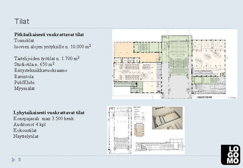 Tilat Pitkäaikaisesti vuokrattavat tilat Toimitilat luovien alojen yrityksille n. 10. 000 m 2 Taitelijoiden