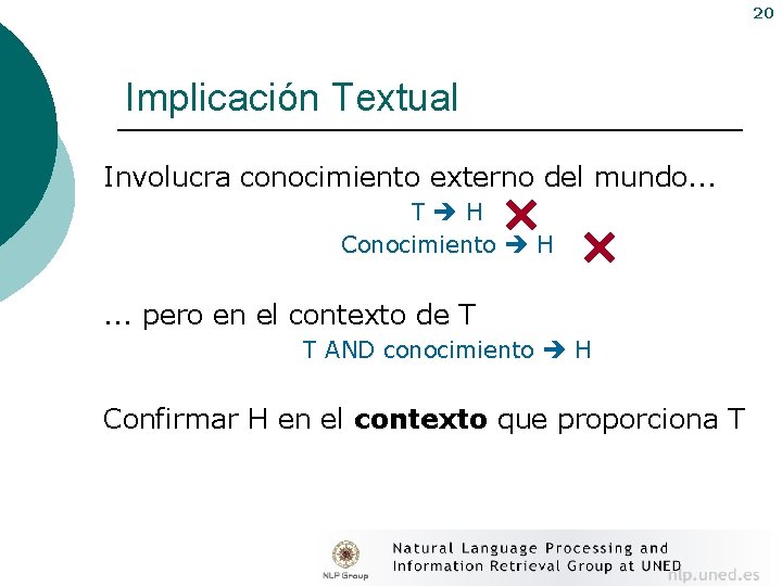 20 Implicación Textual Involucra conocimiento externo del mundo. . . T H Conocimiento H
