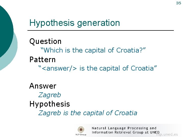35 Hypothesis generation Question “Which is the capital of Croatia? ” Pattern “<answer/> is