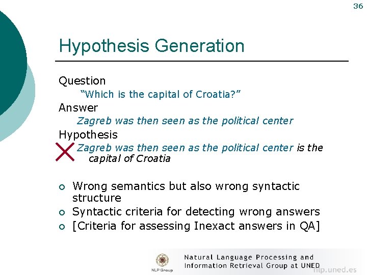 36 Hypothesis Generation Question “Which is the capital of Croatia? ” Answer Zagreb was
