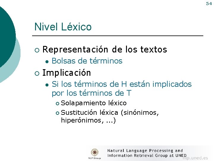 54 Nivel Léxico ¡ Representación de los textos l ¡ Bolsas de términos Implicación