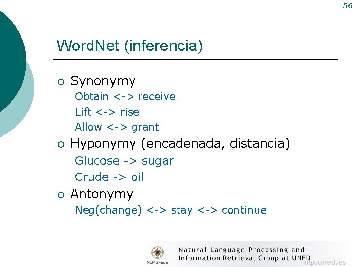 56 Word. Net (inferencia) ¡ Synonymy Obtain <-> receive Lift <-> rise Allow <->