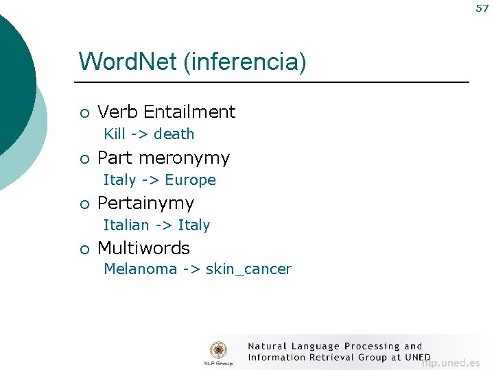 57 Word. Net (inferencia) ¡ Verb Entailment Kill -> death ¡ Part meronymy Italy