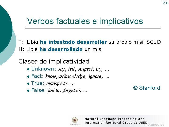 74 Verbos factuales e implicativos T: Libia ha intentado desarrollar su propio misil SCUD