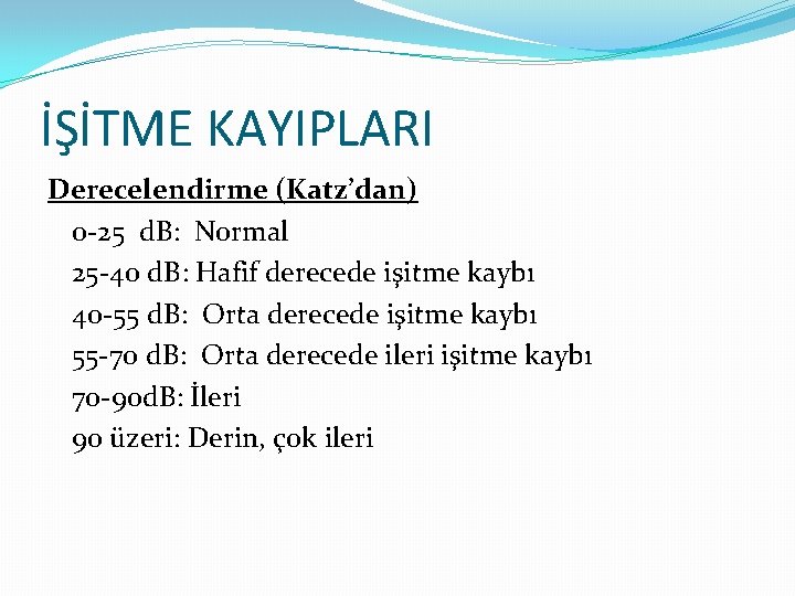 İŞİTME KAYIPLARI Derecelendirme (Katz’dan) 0 -25 d. B: Normal 25 -40 d. B: Hafif