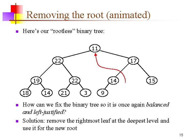 Removing the root (animated) n Here’s our “rootless” binary tree: 11 22 19 18