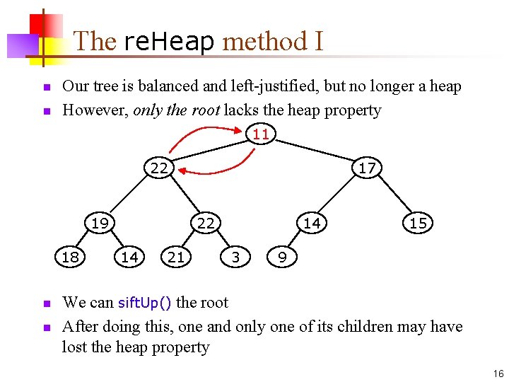 The re. Heap method I n n Our tree is balanced and left-justified, but