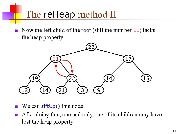 The re. Heap method II n Now the left child of the root (still