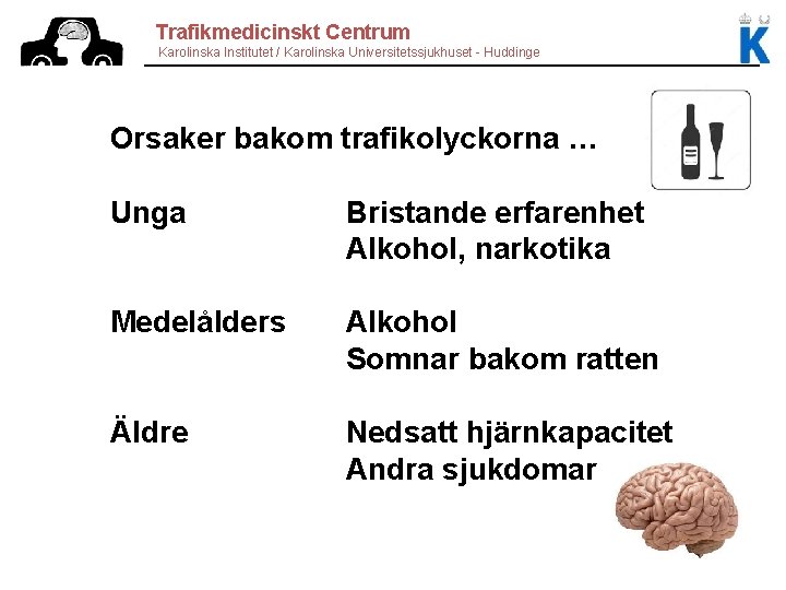 Trafikmedicinskt Centrum Karolinska Institutet / Karolinska Universitetssjukhuset - Huddinge Orsaker bakom trafikolyckorna … Unga