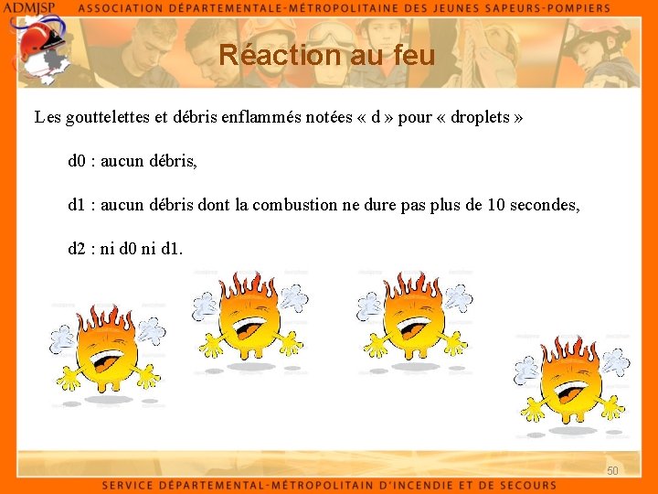 Réaction au feu Les gouttelettes et débris enflammés notées « d » pour «