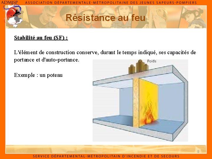 Résistance au feu Stabilité au feu (SF) : L'élément de construction conserve, durant le
