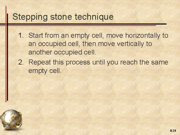 Stepping stone technique 1. Start from an empty cell, move horizontally to an occupied