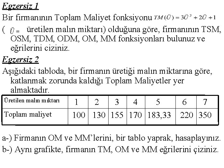 Egzersiz 1 Bir firmanının Toplam Maliyet fonksiyonu ( üretilen malın miktarı) olduğuna göre, firmanının