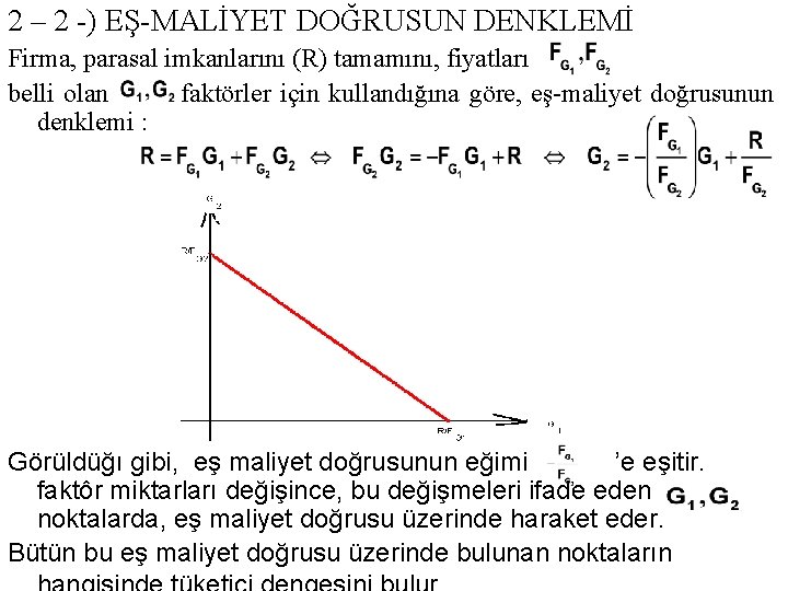 2 – 2 -) EŞ-MALİYET DOĞRUSUN DENKLEMİ Firma, parasal imkanlarını (R) tamamını, fiyatları belli