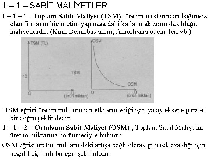 1 – SABİT MALİYETLER 1 – 1 - Toplam Sabit Maliyet (TSM); üretim mıktarından