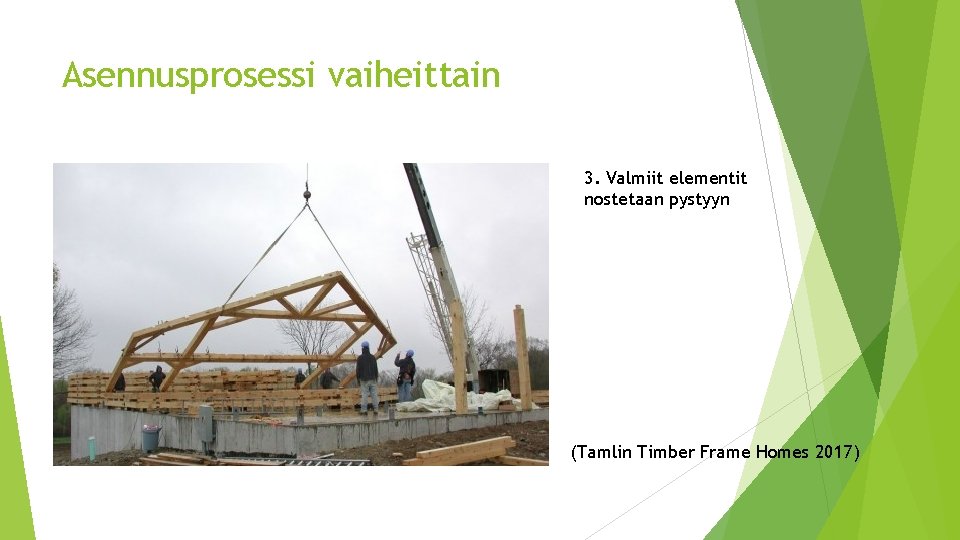 Asennusprosessi vaiheittain 3. Valmiit elementit nostetaan pystyyn (Tamlin Timber Frame Homes 2017) 