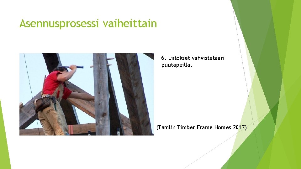 Asennusprosessi vaiheittain 6. Liitokset vahvistetaan puutapeilla. (Tamlin Timber Frame Homes 2017) 