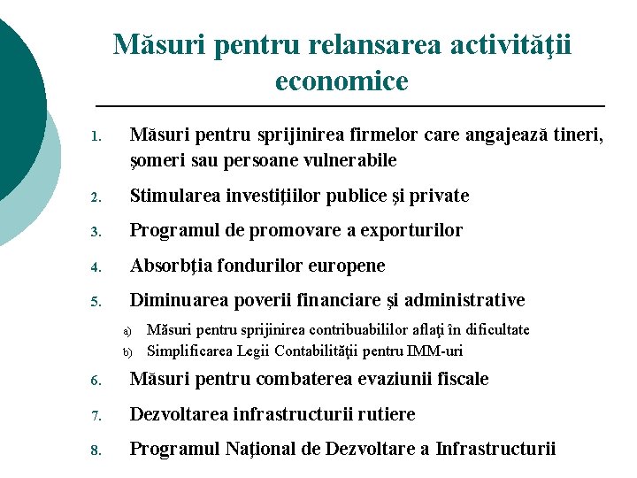 Măsuri pentru relansarea activităţii economice 1. Măsuri pentru sprijinirea firmelor care angajează tineri, şomeri