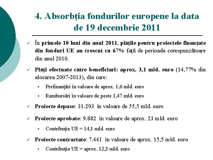 4. Absorbţia fondurilor europene la data de 19 decembrie 2011 ü În primele 10